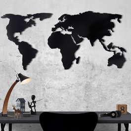 Wallity World Map Silhouette Escultura de pared de metal negra